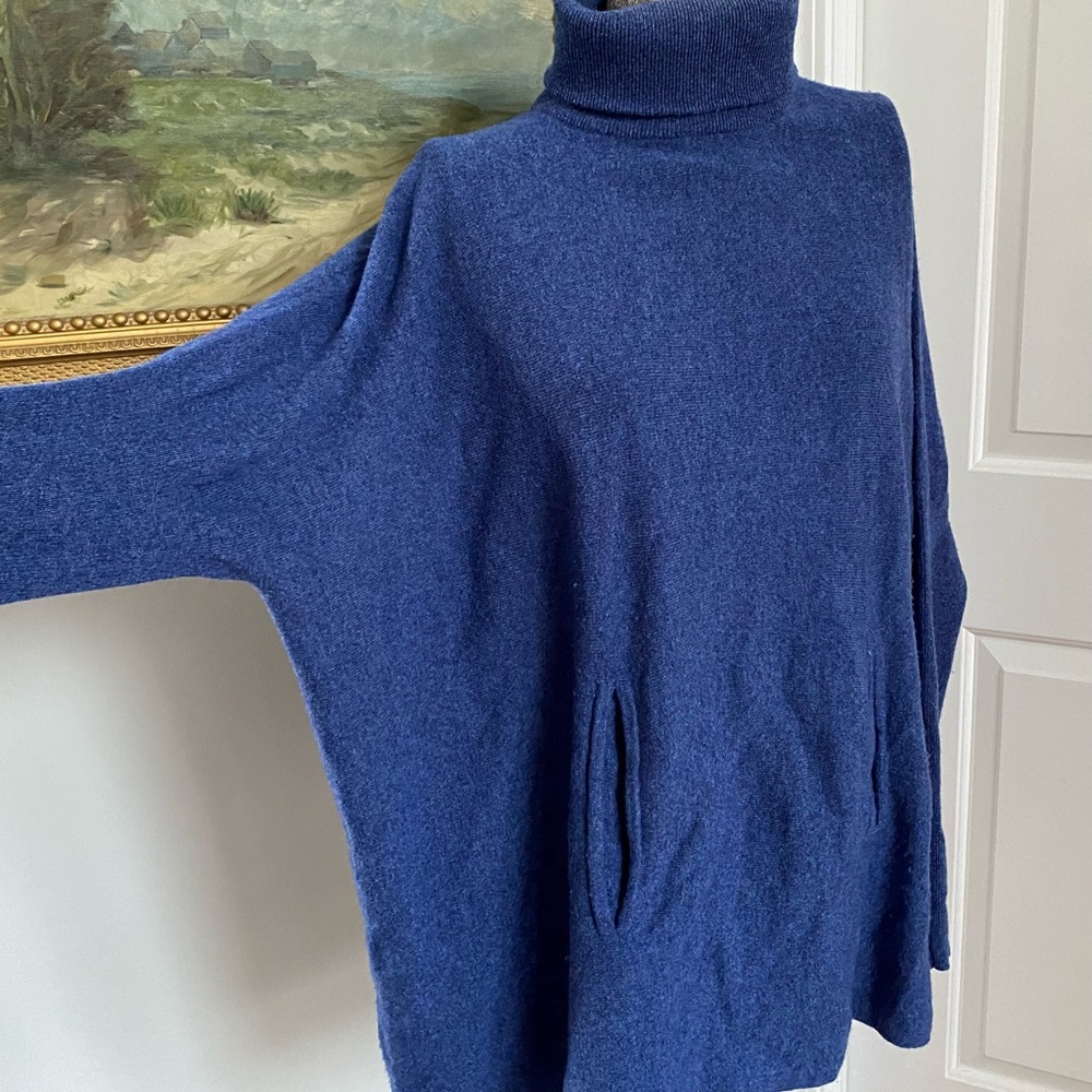XL Garnet Hill Cashmere Merino SWING Style Turtleneck Sweater Oversized Blue